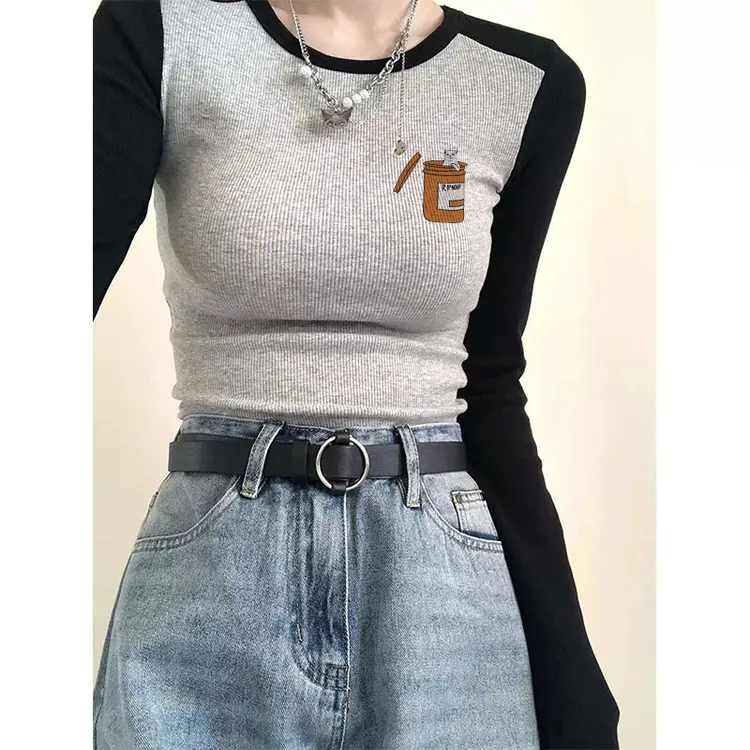 欧货潮牌女装内搭打底衫秋季撞色显瘦修身辣妹上衣服正肩长袖T恤