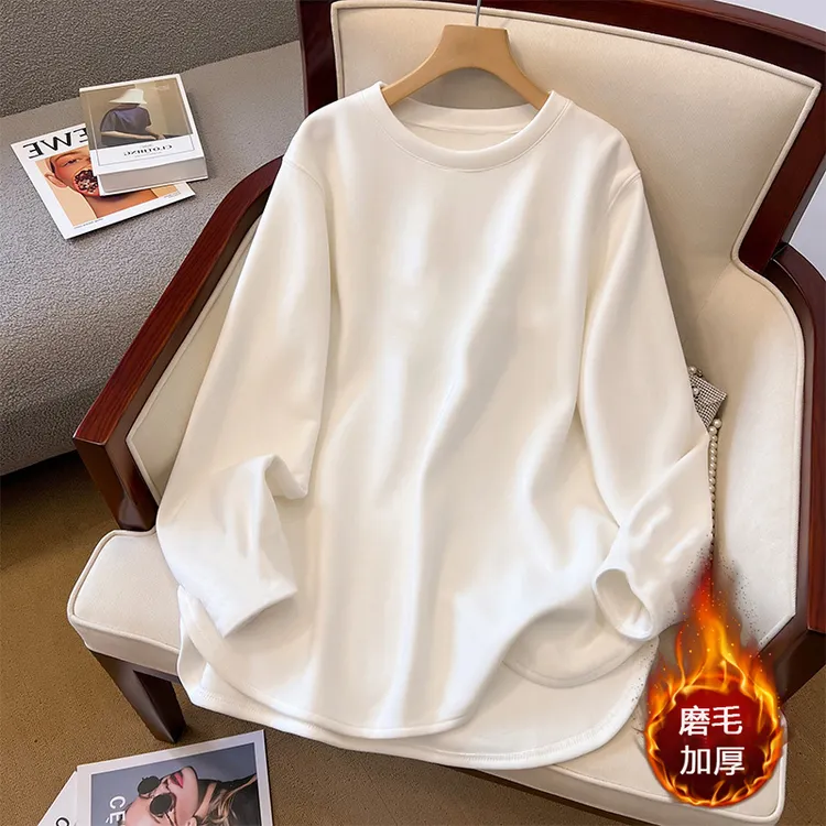 磨毛加厚长袖t恤女秋冬季设计感中长款不规则内搭打底衫保暖上衣