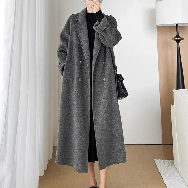 胖mm200斤大码深灰色呢大衣女款2025新款高端长款过膝毛呢外套春