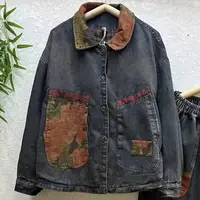 【铃铃】冬款夹棉加厚炒色水洗文艺东北大花牛仔棉袄胸围140衣长66