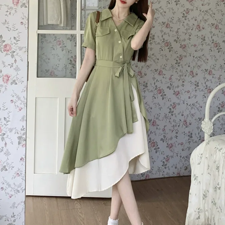 小众牛油果绿polo不规则衬衫裙子夏季大码高级感撞色双层摆连衣裙