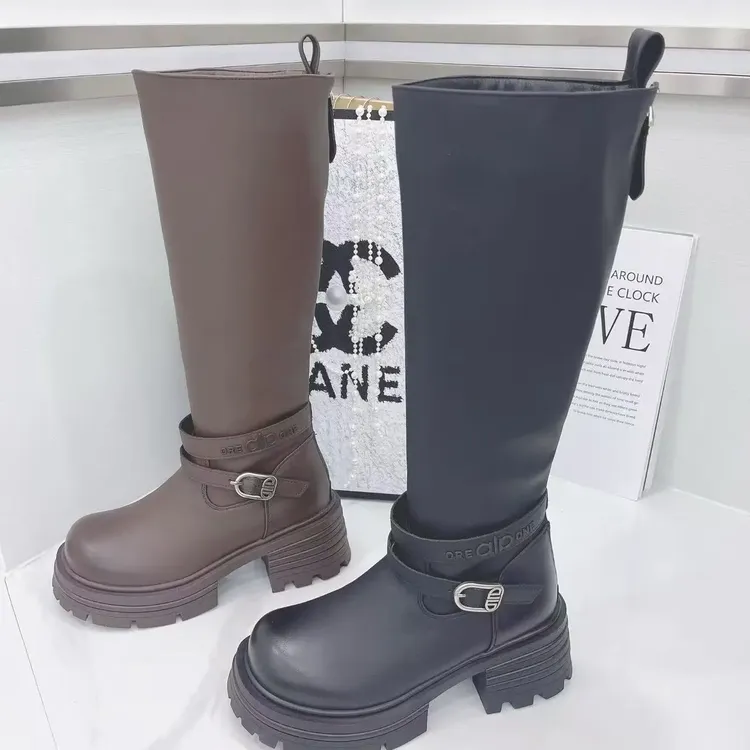 黑色不过膝粗跟厚底长筒靴女增高显瘦骑士靴英伦风秋冬百搭弹力靴