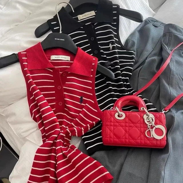 老钱风松弛高知Polo翻领无袖条纹薄款夏季针织冰丝上衣显瘦气质新