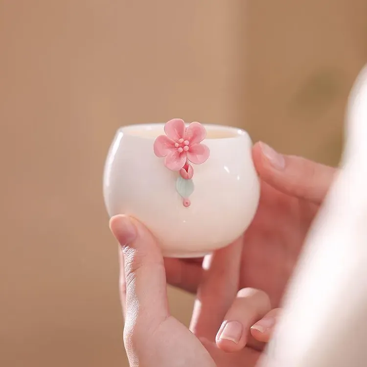 手工捏花陶瓷主人杯单杯女高端品茗杯精致粉色茶杯喝茶送礼
