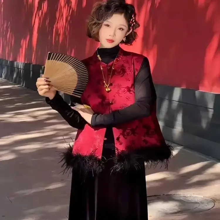 马夹拼接圆领民族风厚款工字型款服装单排扣中式秋冬