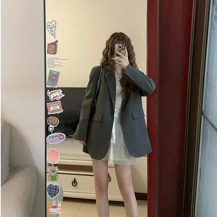 灰色西装外套女春秋高级感百搭气质西服小个子宽松韩版中长款上衣
