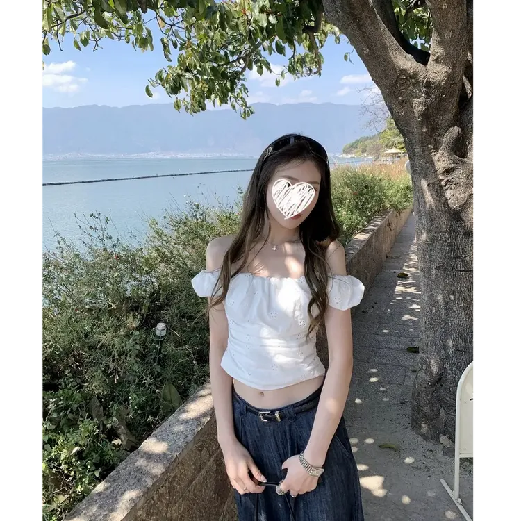 爱丽丝 白色绣花一字肩衬衫女夏季设计感修身显瘦泡泡袖短款上衣