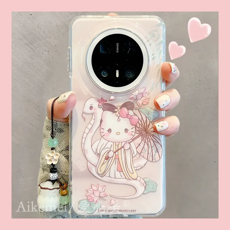 适用华为mate70pro+手机壳可爱白娘子KT猫mate60pro+蛇钱袋挂坠女