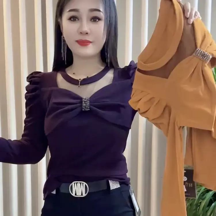 新款磨毛圆领小衫时尚百搭修身泡泡肩女长袖T恤蝴蝶结捏摺上衣