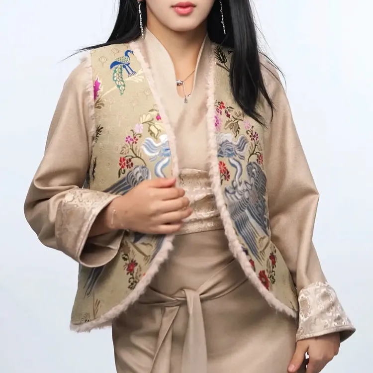 女士立领博拉西藏服加缎面马甲两件套民族风显瘦长裙中国风服饰