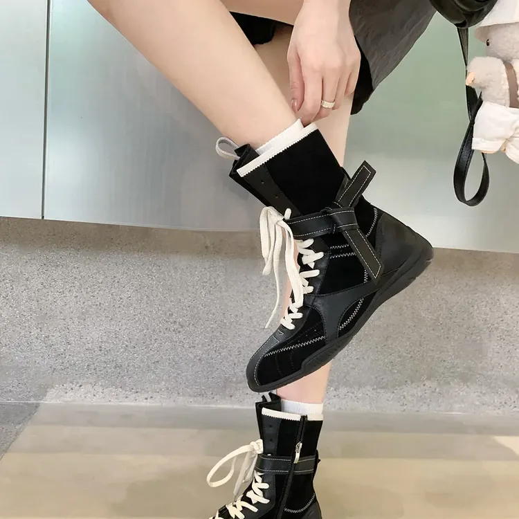 葡萄妈studiolee时髦拳击靴~复古拼色绑带侧拉链猎装德训靴女同款