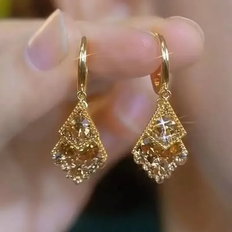 铜合金耳饰 26年爆款美拉德咖色简约水晶菱形耳环轻奢高级感耳饰商品图