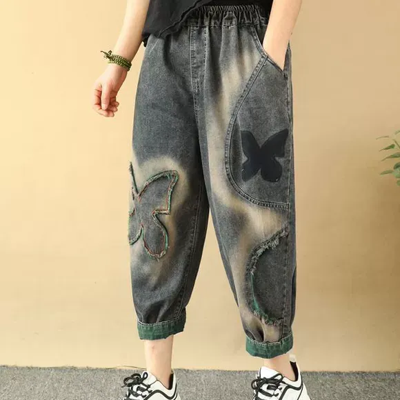 复古民族风四叶花贴布毛边牛仔裤女宽松大码拼接卷边九分哈伦裤夏