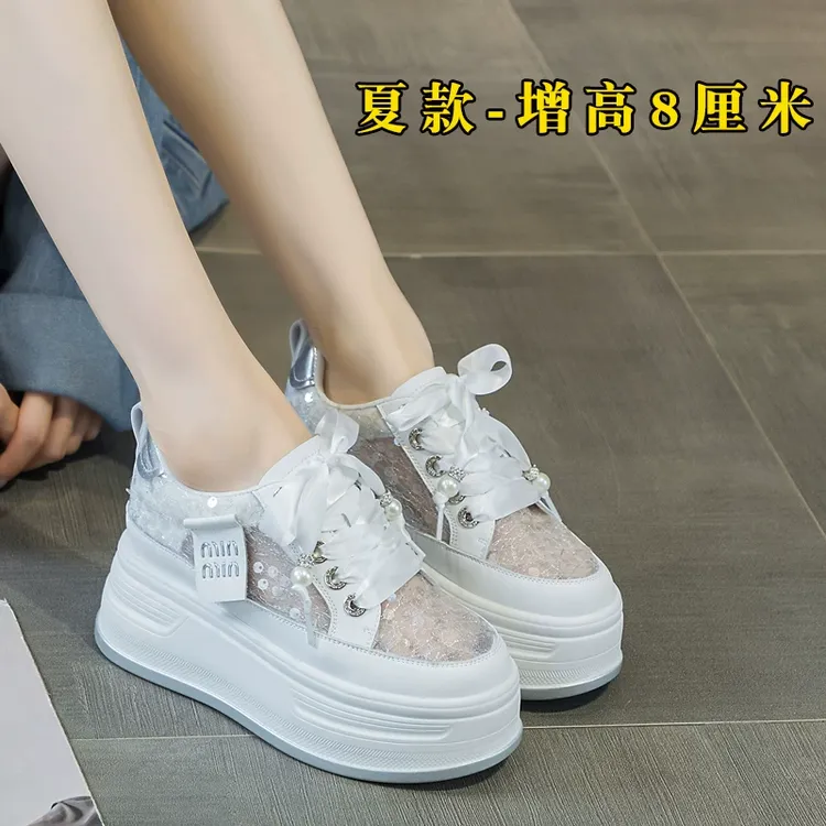 万达撤柜真皮厚底小白鞋内增高女鞋2025夏季网纱8公分银色配裙子.