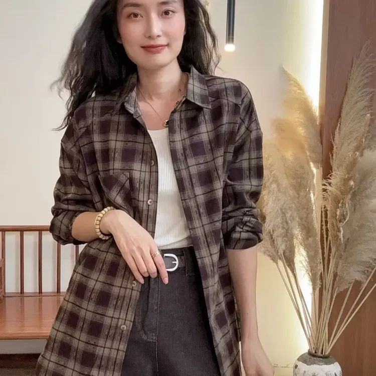 95268-长袖休闲风格纹简约通勤格子衬衫上衣外套时尚网红