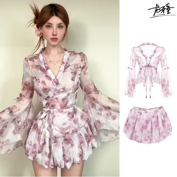 龙牙童推荐【粉香盈袖】连衣裙碎花显瘦气质性感收腰印花夏季设计