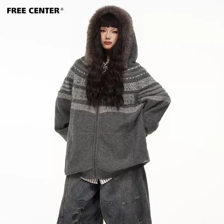 ['双11好物']FREECENTER2025费尔岛毛衣男女毛领连帽复古针织外套