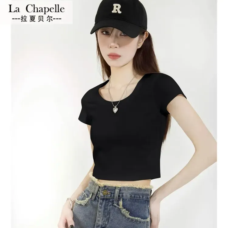 拉夏贝尔 黑色正肩短袖T恤女夏2025新款紧身短款上衣高腰辣妹露脐