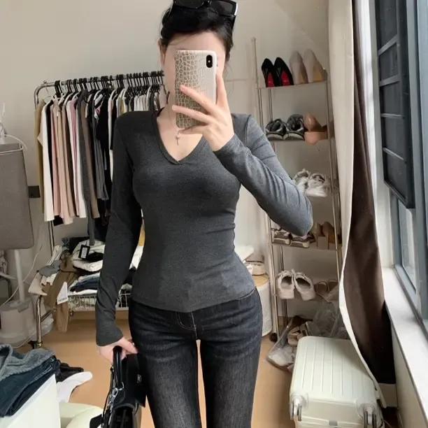 早春V领长袖T恤纯欲辣妹修身显瘦内搭打底衫