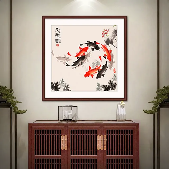 新中式九鱼图玄关装饰画客厅饭厅挂画荷花招财锦鲤图年年有余壁画