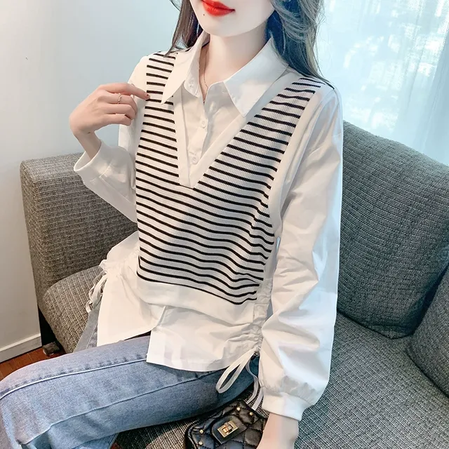 假两件条纹衬衫女春装2025年新款设计感针织拼接抽绳长袖雪纺上衣