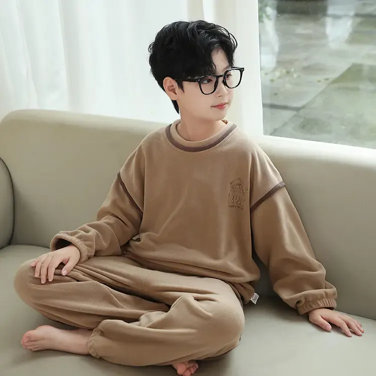 儿童睡衣男童法兰绒秋冬季保暖家居服中大童男孩加厚外穿套装加绒