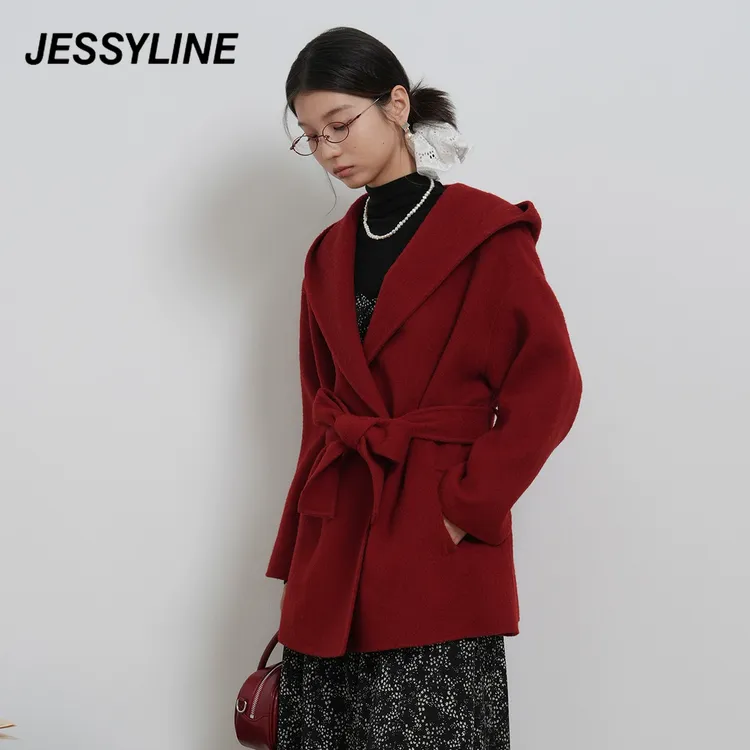 jessyline2024冬季新款 杰茜莱红色羊毛呢外套大衣 440A05205