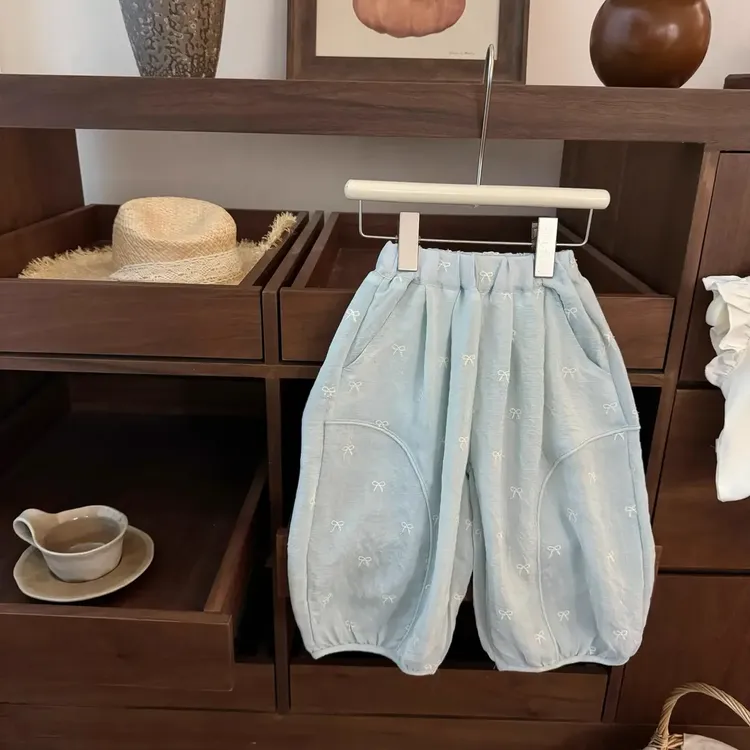 女童韩系休闲裤2025夏季新款女宝韩系可爱蝴蝶结九分灯笼裤