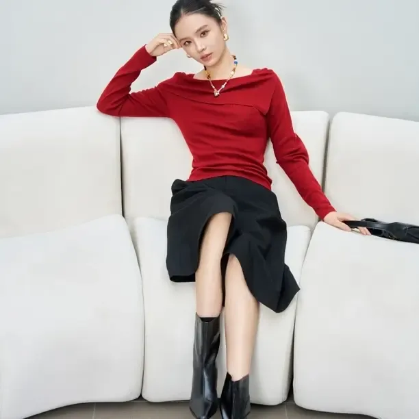 春秋时尚百搭长袖一字领针织衫洋气显瘦针织