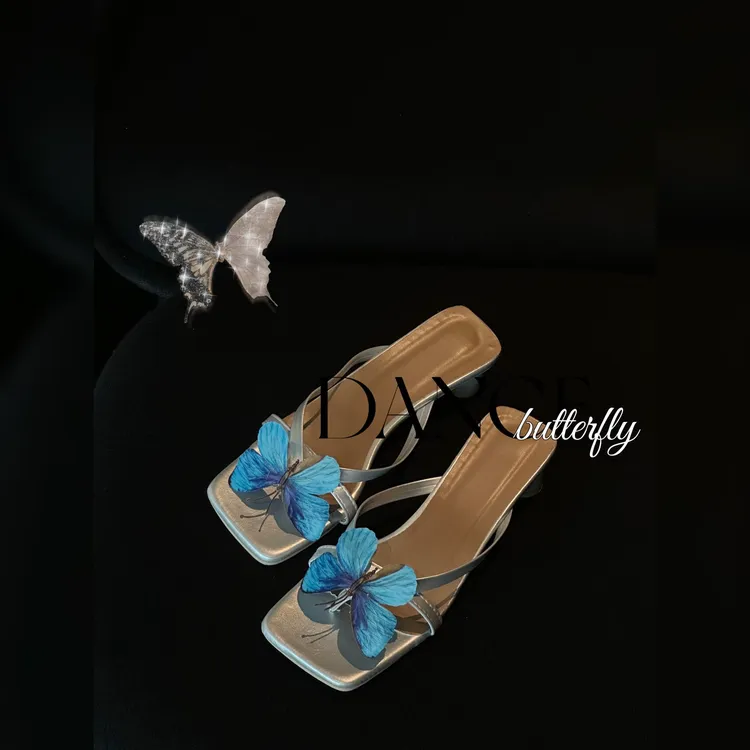 法式绝美凉鞋粗跟蓝闪蝶仙女配裙子夏高跟鞋一脚蹬海边度假