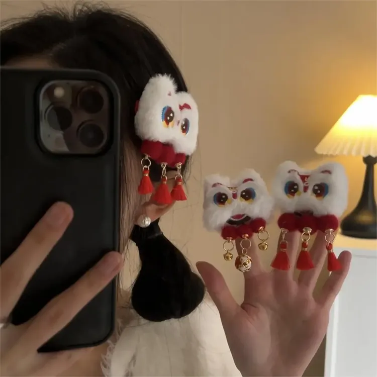 2025年新年醒狮流苏发夹女孩鸭嘴夹双丸子头侧边刘海夹头饰A490