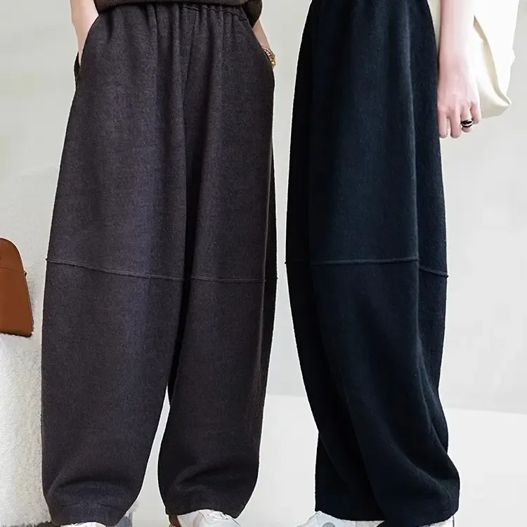 秋冬新款进口美利奴羊毛斜纹小毛圈肌理松紧腰宽松萝卜