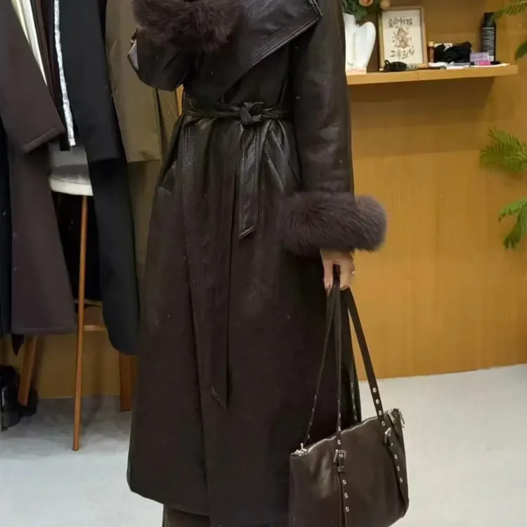 人造皮草 人造皮草时尚大毛领绑带长款气质外套长袖冬季女士