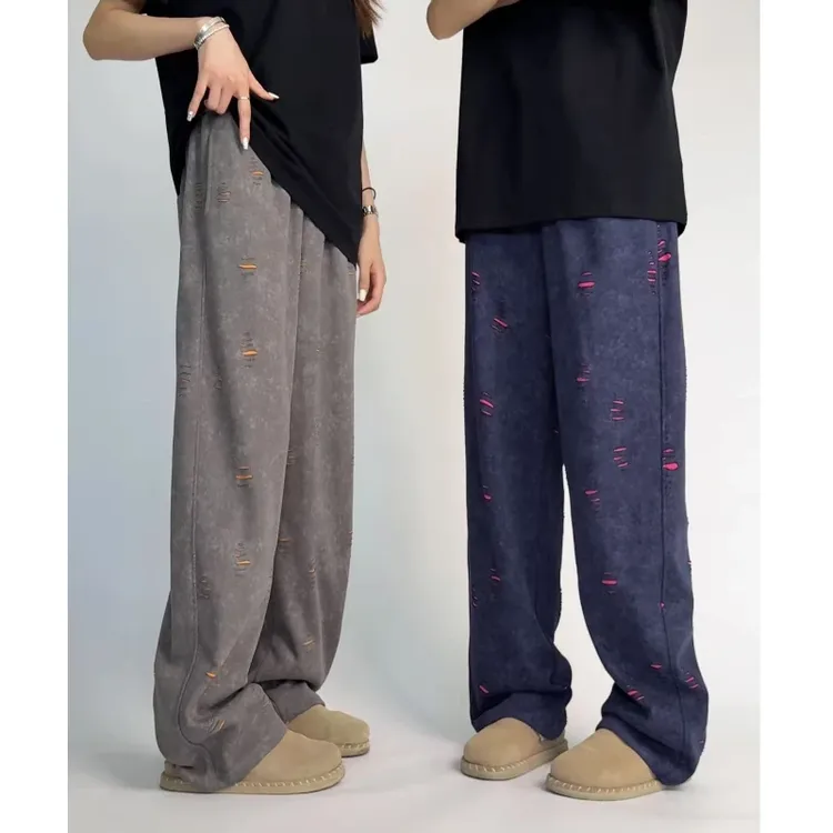 初秋原创新款长裤美式割破撞色休闲裤男女宽松直筒卫裤重磅弯刀裤