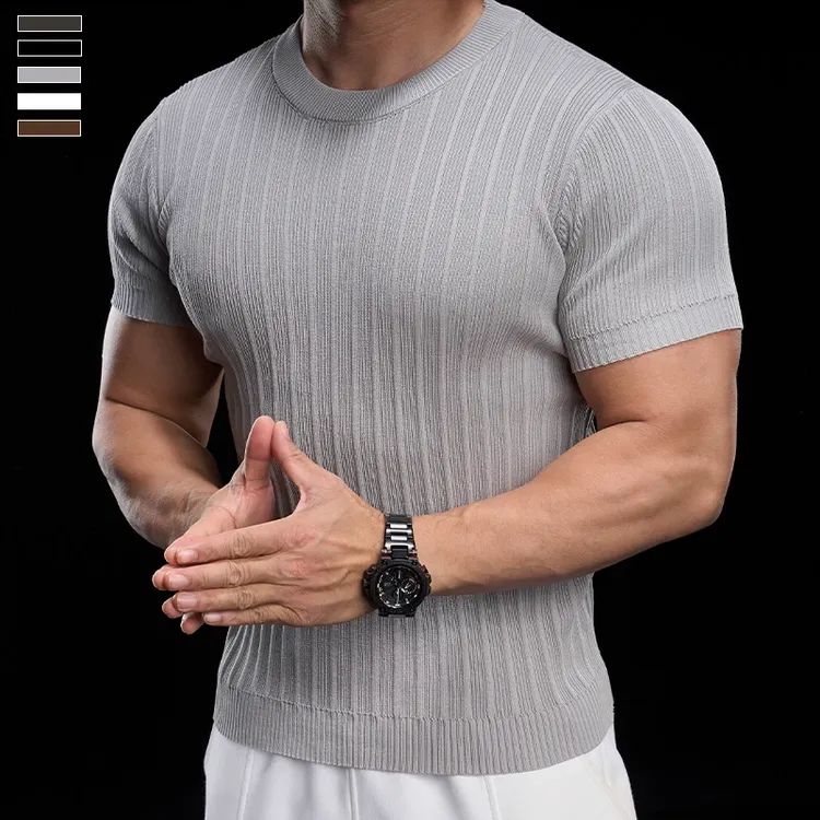 霸道肌肉新款短袖男士英伦轻熟风竖纹冰丝透气修身T恤上衣打底衫