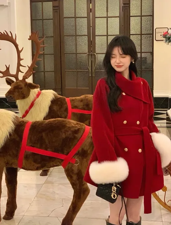 【财阀千金】2025冬季新款韩系翻领短款设计收腰毛袖羊毛呢25057