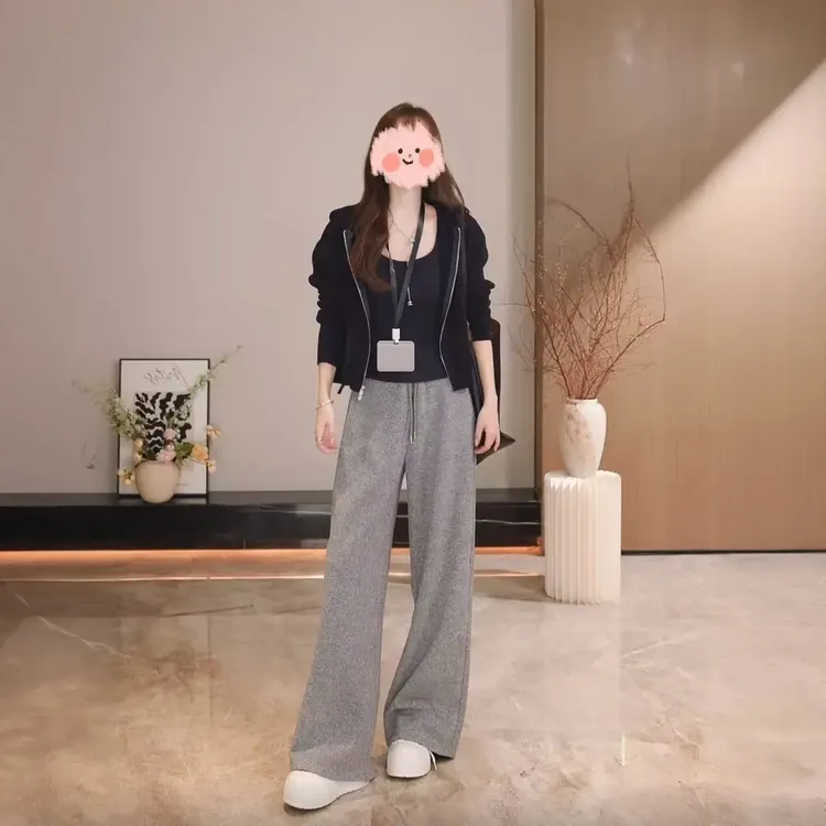 2025秋季新款时尚气质连帽针织毛衣开衫松紧腰抽绳直筒休闲裤套装