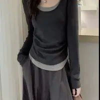 韩系复古假两件面膜T恤女欧洲站2025早秋新款时尚打底小衫潮