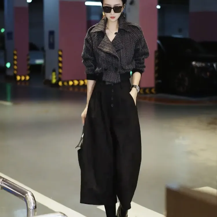 时尚气质复古千鸟格显瘦翻领毛呢外套新款百搭呢子大衣休闲裤套装