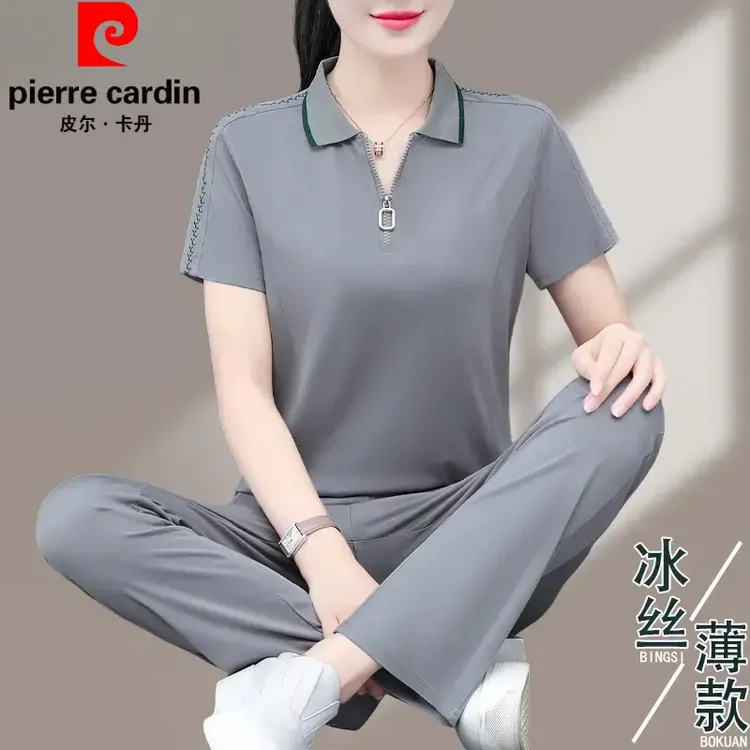 皮尔卡丹宽松时尚短袖运动套装女夏季新款大码女洋气妈妈装两件套