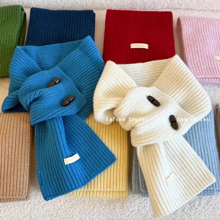 100%WOOL纯羊毛牛角扣围巾纯色小围脖交叉女士懒人保暖秋冬季领子