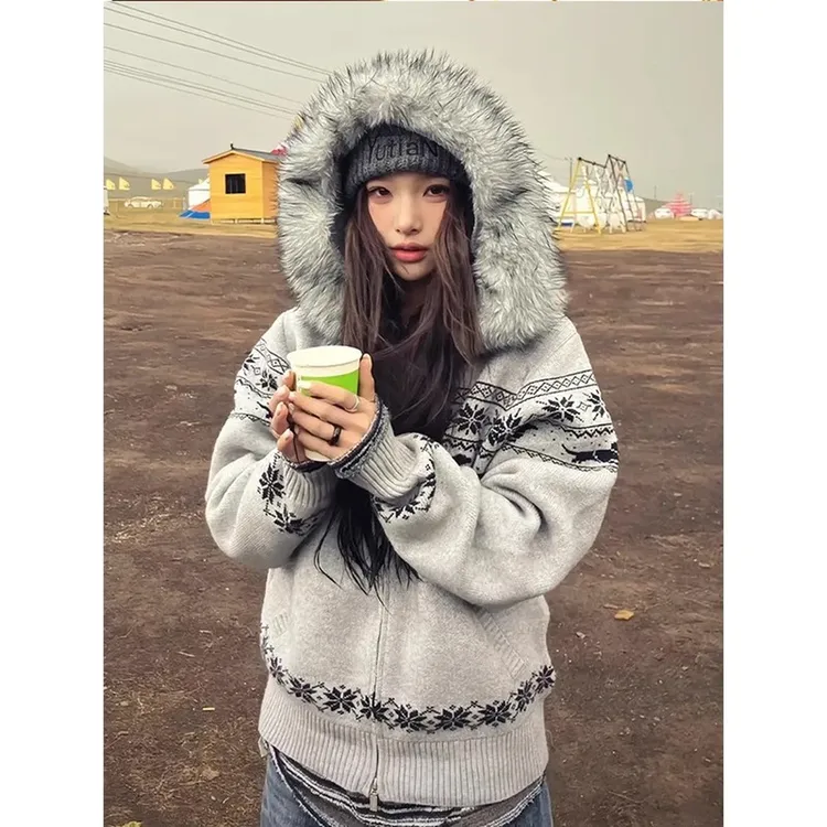 美式复古毛衣外套女秋季费尔岛毛领连帽针织开衫宽松慵懒风上衣潮