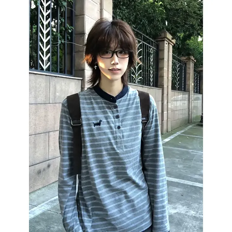 刺绣亨利领条纹卫衣男女款秋季慵懒风美式复古长袖正肩打底衫