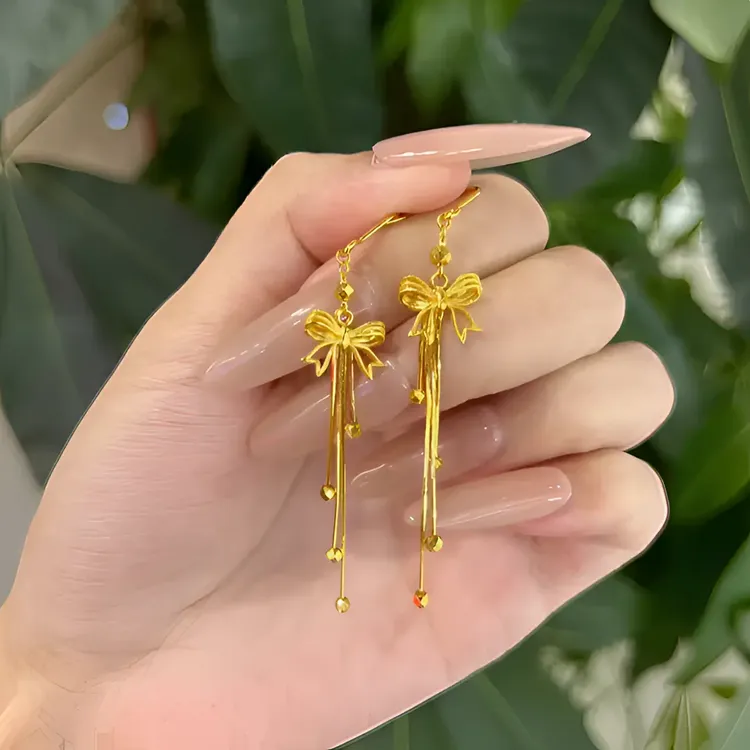 铜合金耳饰 黄金色蝴蝶结流苏耳环女金店同款经典女款婚嫁耳饰