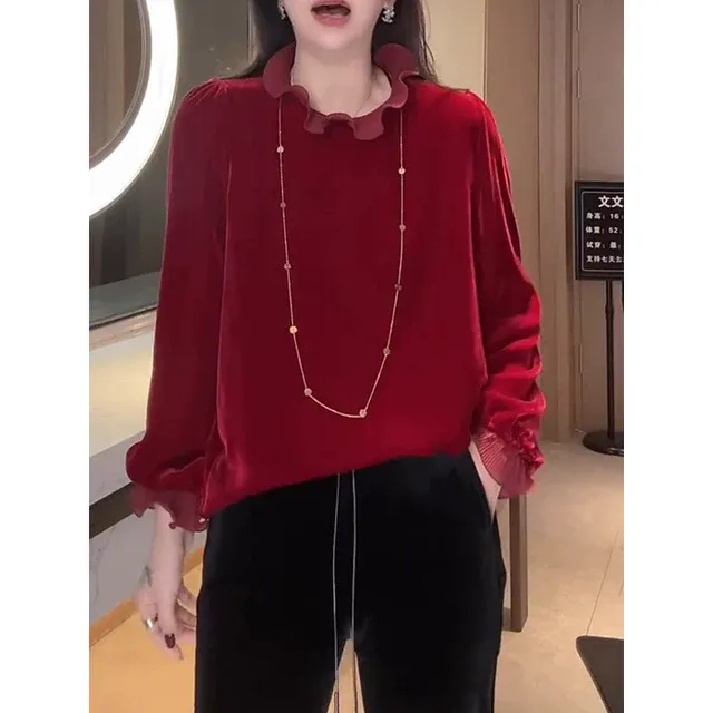 小众设计感法式复古新年红色荷叶边拼接衬衣2025春季百搭贵气小衫