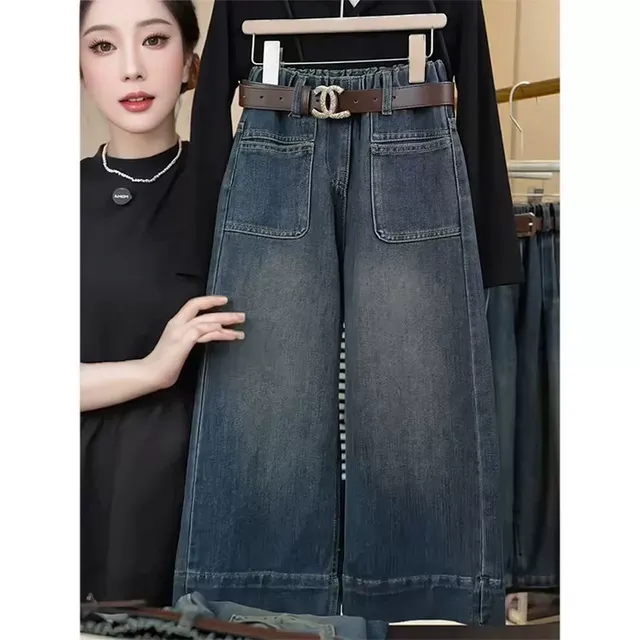 女童阔腿牛仔裤秋冬款洋气加绒加厚新款儿童直筒裤子中大童喇叭裤