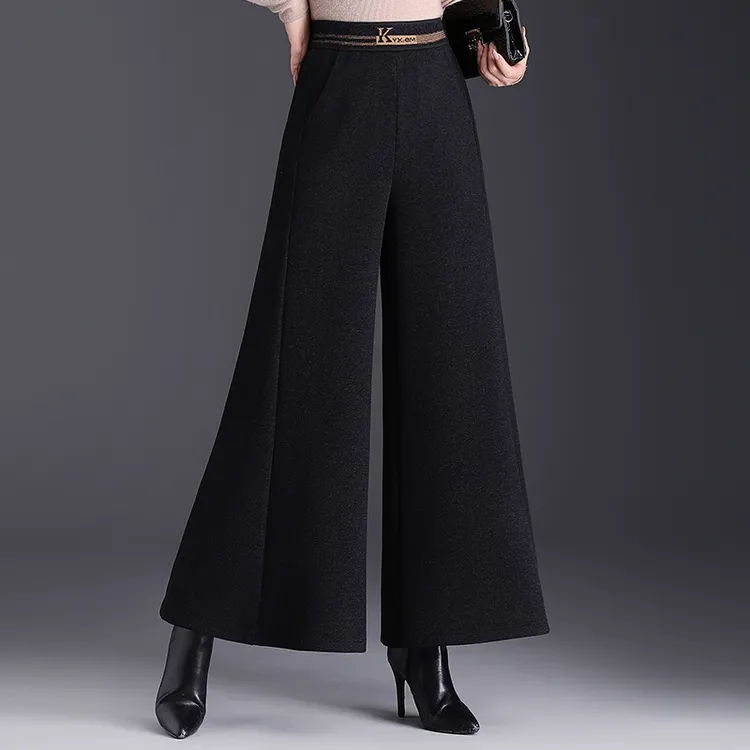 黑色裤子女加厚秋冬羊毛呢高腰显瘦宽松甩裤阔腿裤喇叭裙裤九分裤