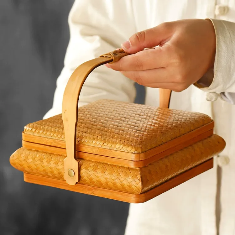 大漆楠竹编提篮防尘带盖茶具收纳盒储物收纳筐仿古食盒茶道茶点盒