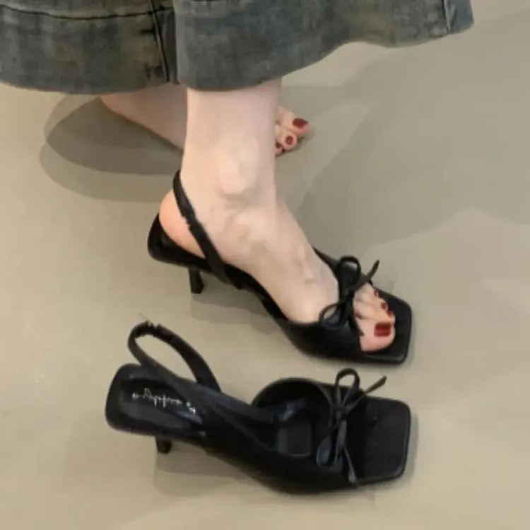 法式高级感！仙女风高跟鞋法式气质名媛水蝴蝶结露趾细跟后空凉鞋