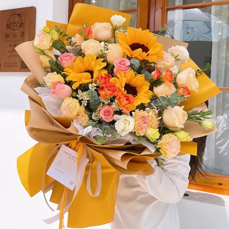 小时达香槟玫瑰向日葵混搭花束全国同城配送鲜花订购附近花店送花